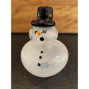 Vintage Hand  Blown Glass Christmas Snowman Clear & White Holiday Home Decor